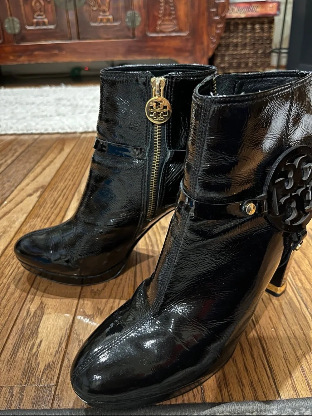 Tory Burch Black Patent Leather Logo Whitney Boots